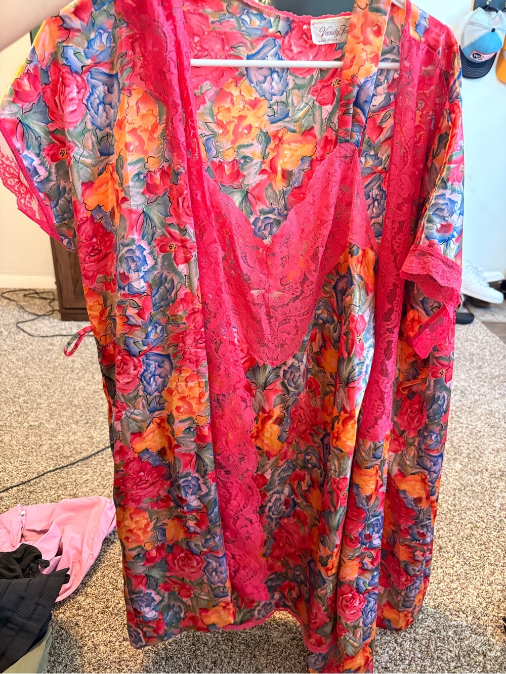 Vanity Fair Multicolor Floral Lace-Trim Chemise with Bright Pink Accents